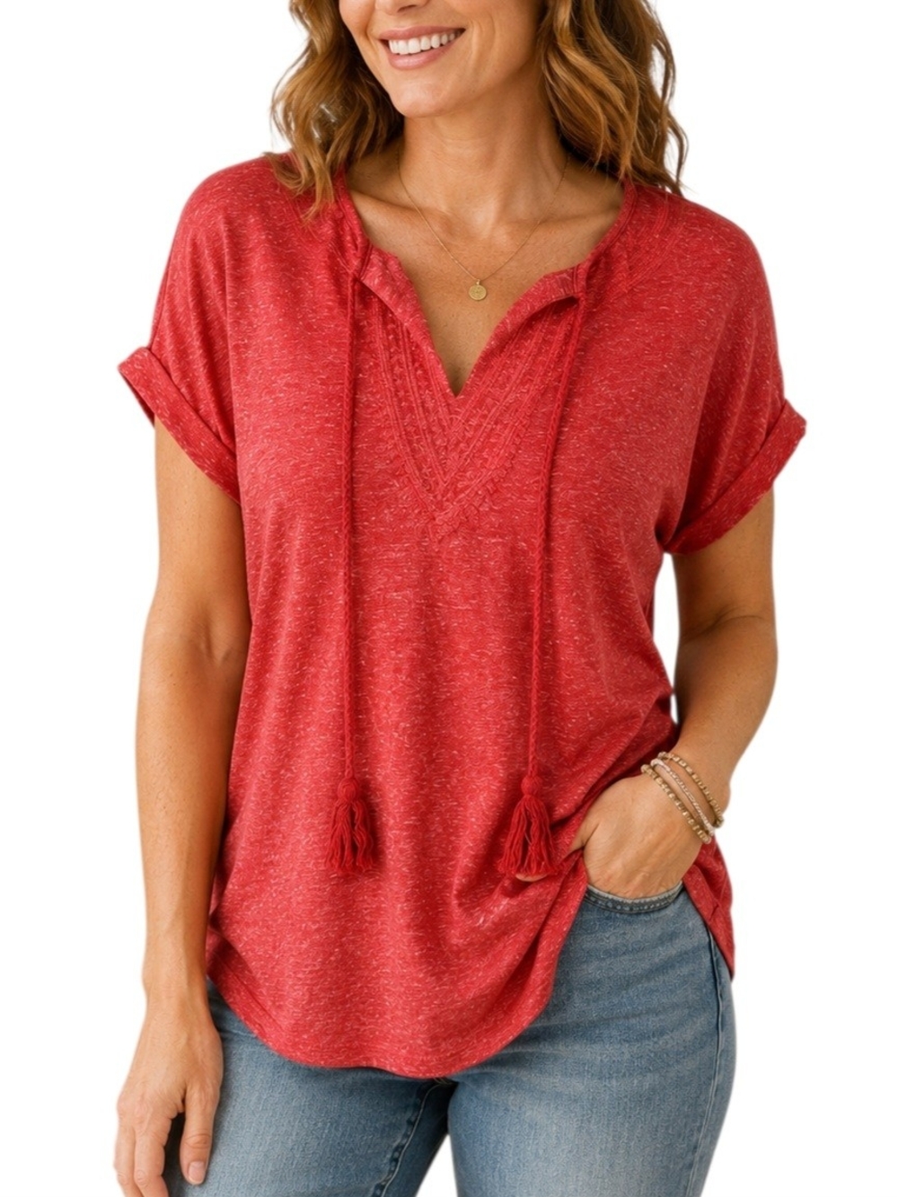 Laura Scott Med Heather Red Linen Blend Embroidered Tassel Tie Top Casual Boho